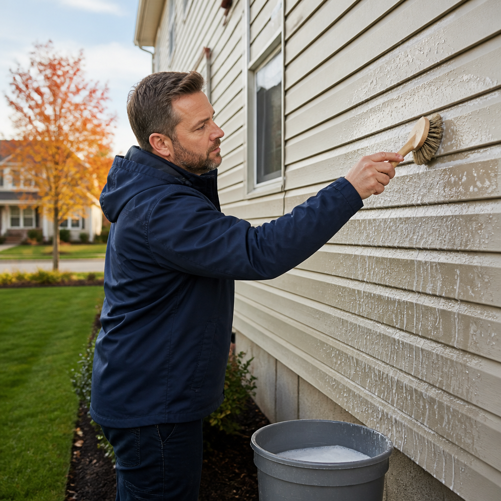Homeowner hand washing vinyl siding with a soft brush and bucket on a Niagara Falls house before winter