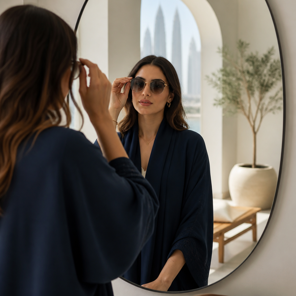 Sunglasses being tried on before a mirror in a bright interior, representing a real-world fit test within the return window.