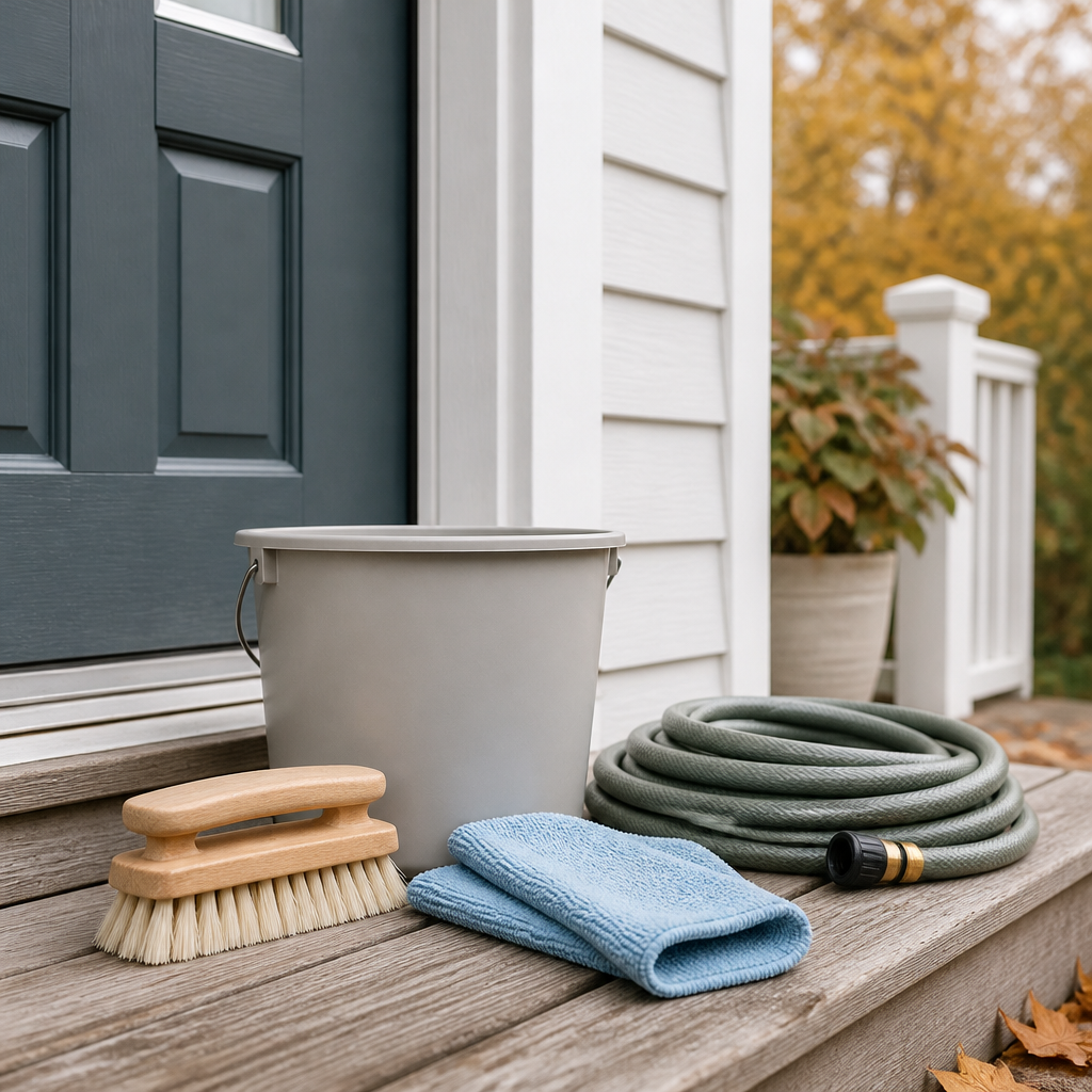 Soft brush, bucket, and microfibre cloth beside a painted front door and trim ready for exterior home cleaning