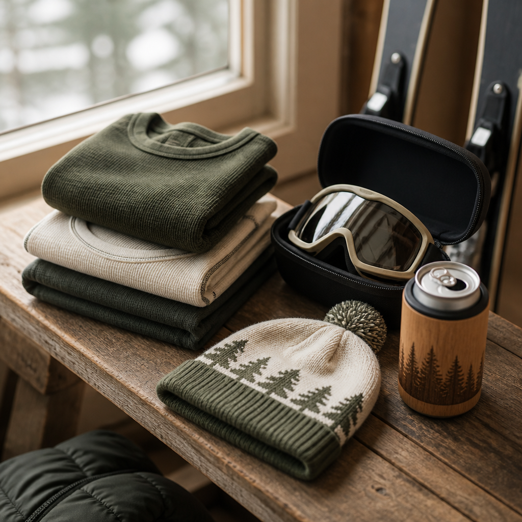 Flat-lay of ski gear and a wooden can insulator sleeve for Vermont ski season gifts planning.