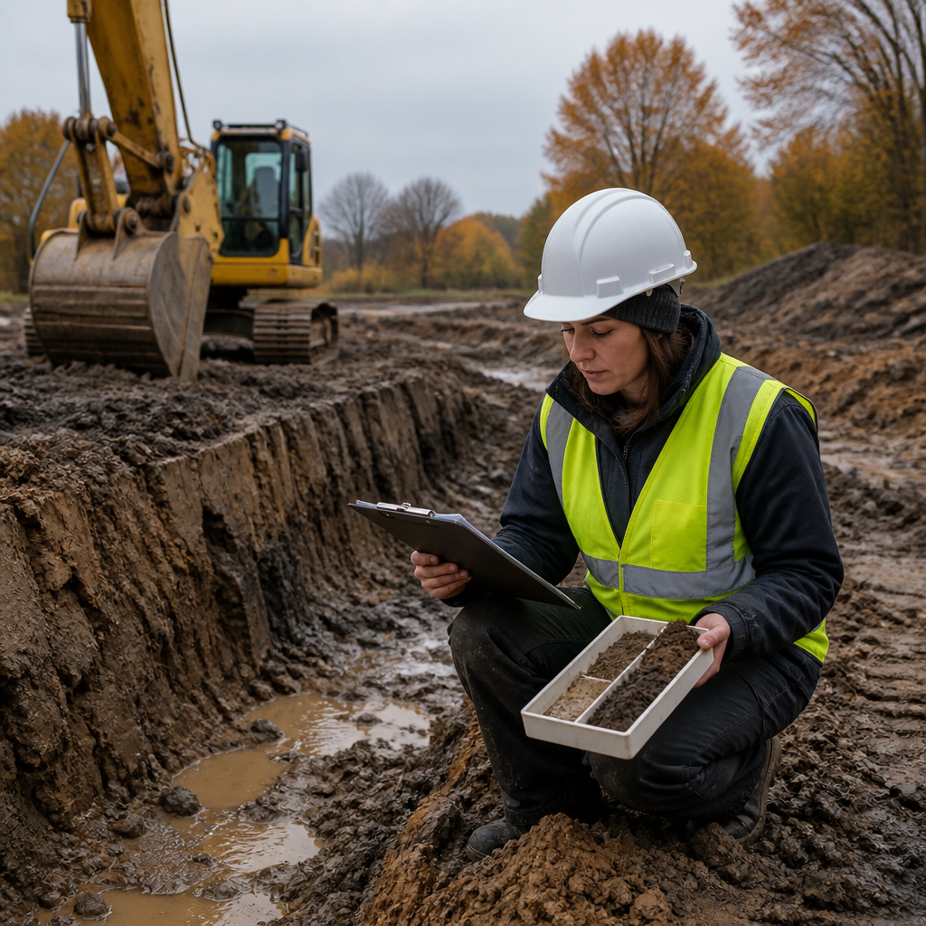 Fouille ouverte sur un chantier d'automne, sol argileux gorgé d'eau et ingénieur géotechnicien relevant des observations.