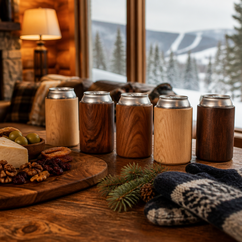 Hardwood can insulators on a wooden table at a Vermont lodge after a day on the slopes.