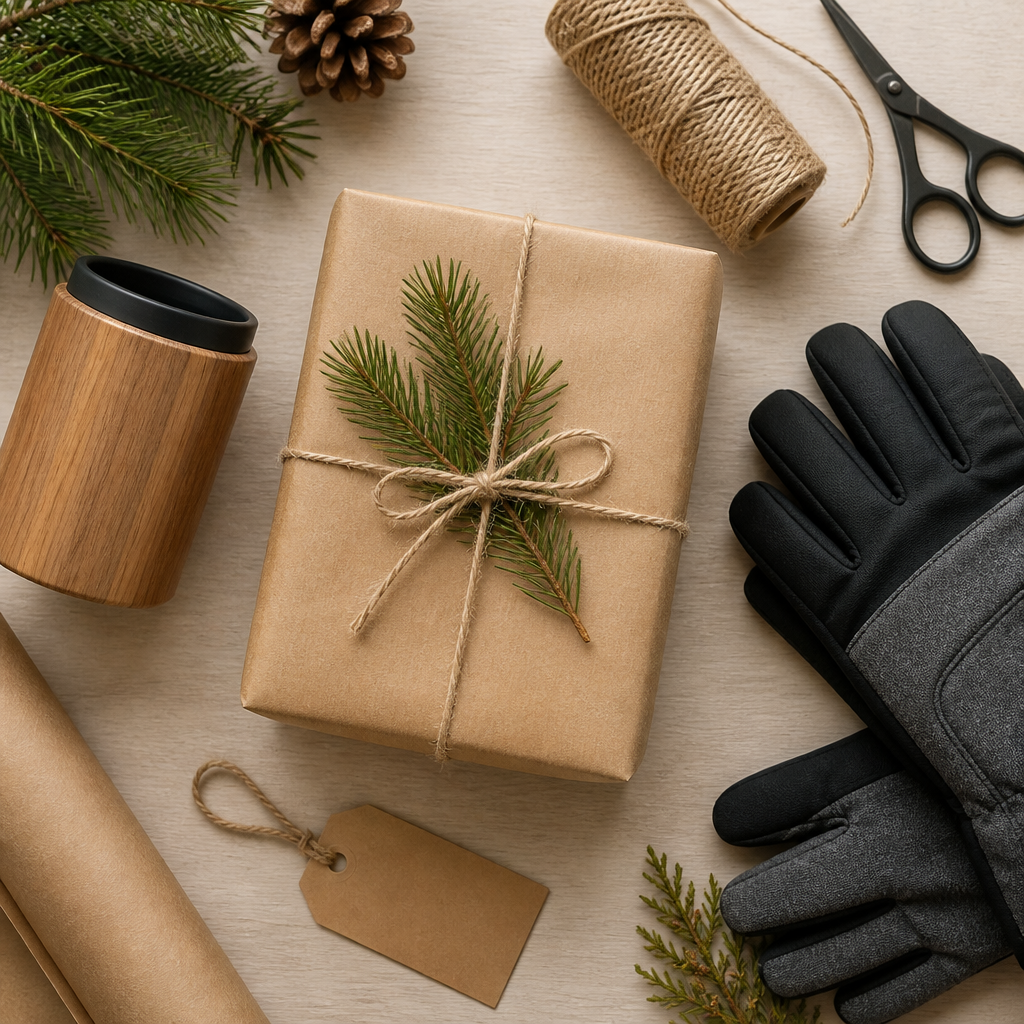 Eco-friendly wrapped gift with a wooden can insulator and ski gloves on a birch surface.