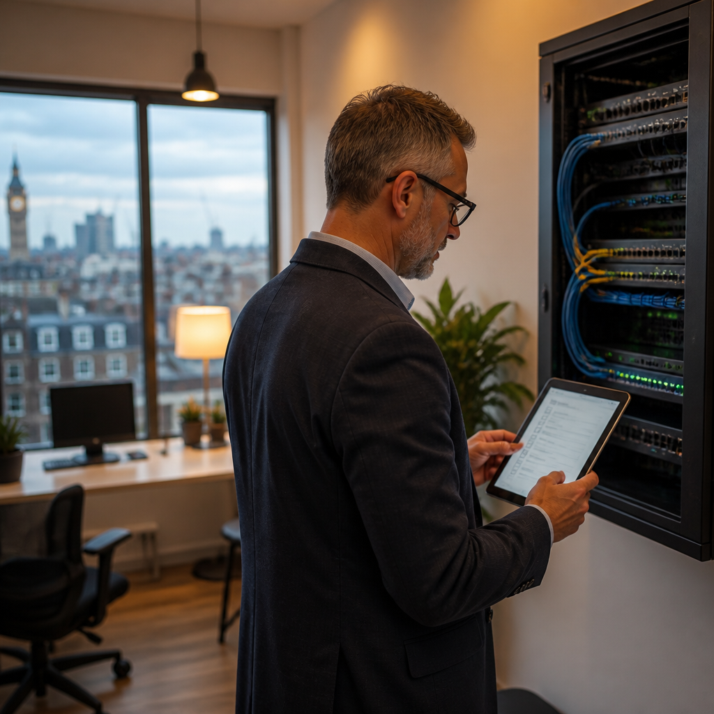 IT engineer reviewing an autumn IT winter readiness checklist beside a tidy network rack in a London office.