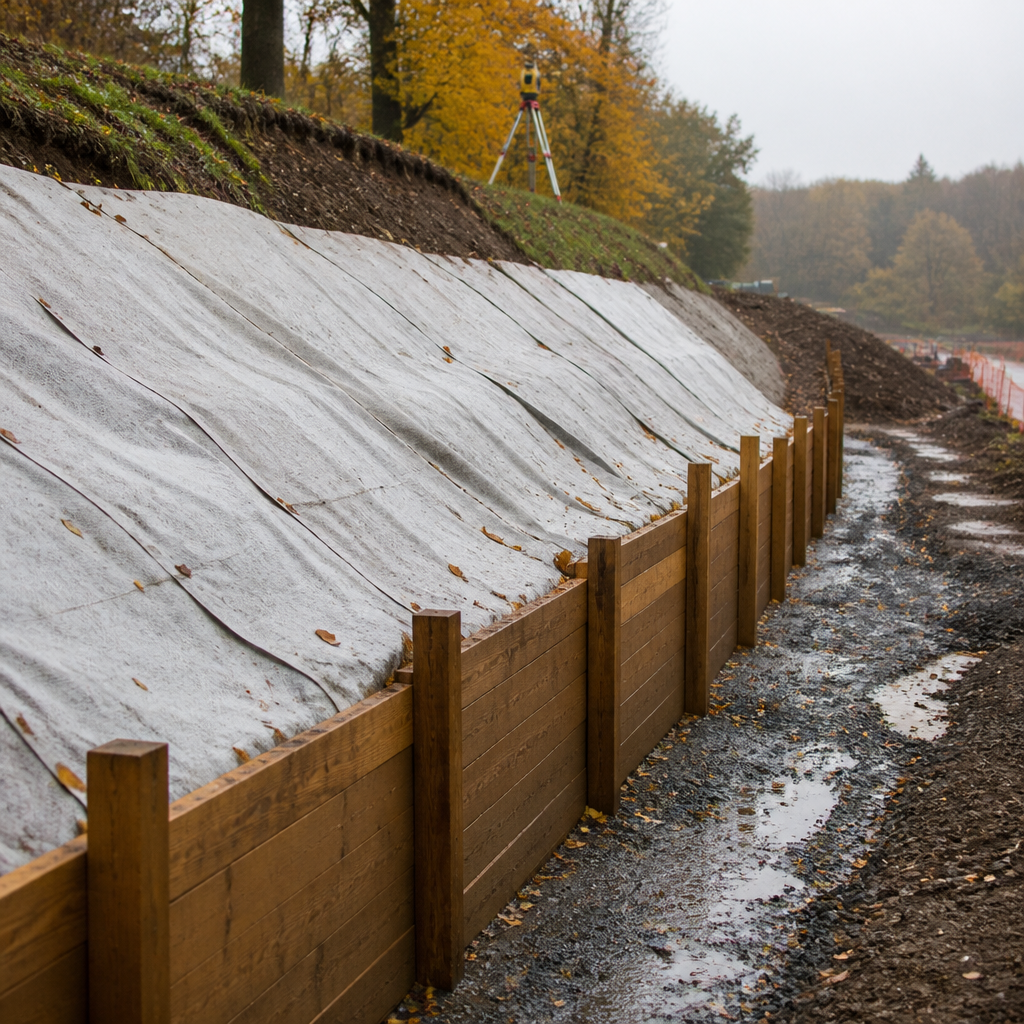 Talus de terre protégé par des géotextiles sur un chantier de terrassement en automne.