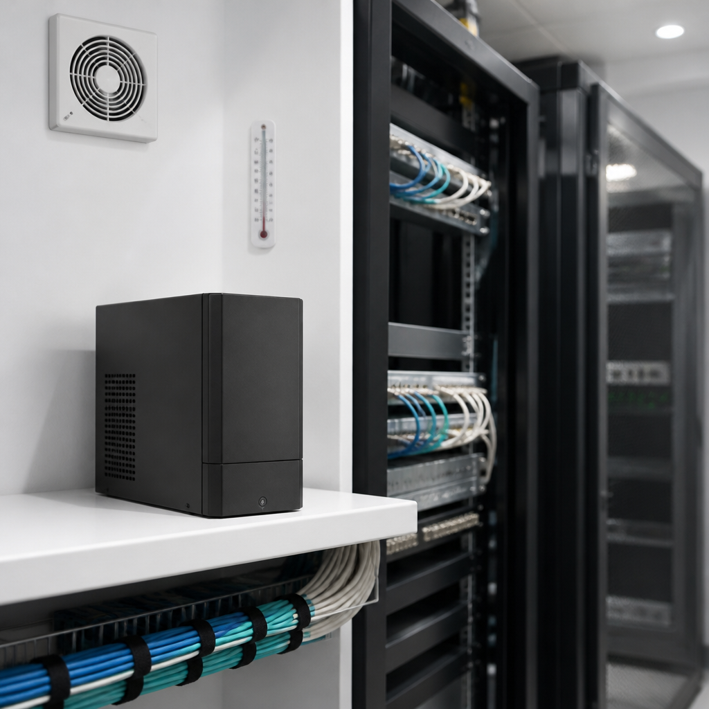 Battery backup unit and tidy cabling in a small office comms room prepared for winter power interruptions.
