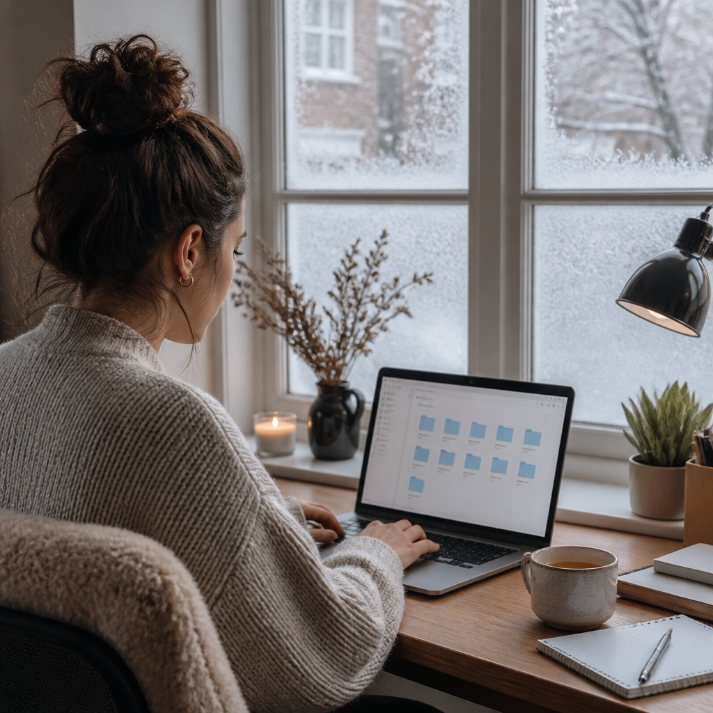 Business owner working remotely on a laptop at a home desk on a cold winter morning with secure file access.