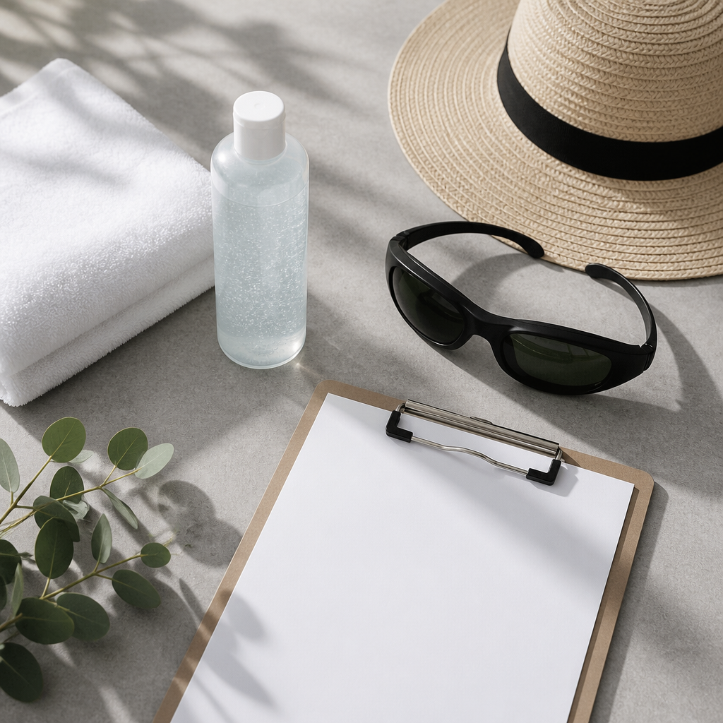 Flat-lay of plain skin prep items like towel, cooling gel and eyewear before a laser tattoo removal session