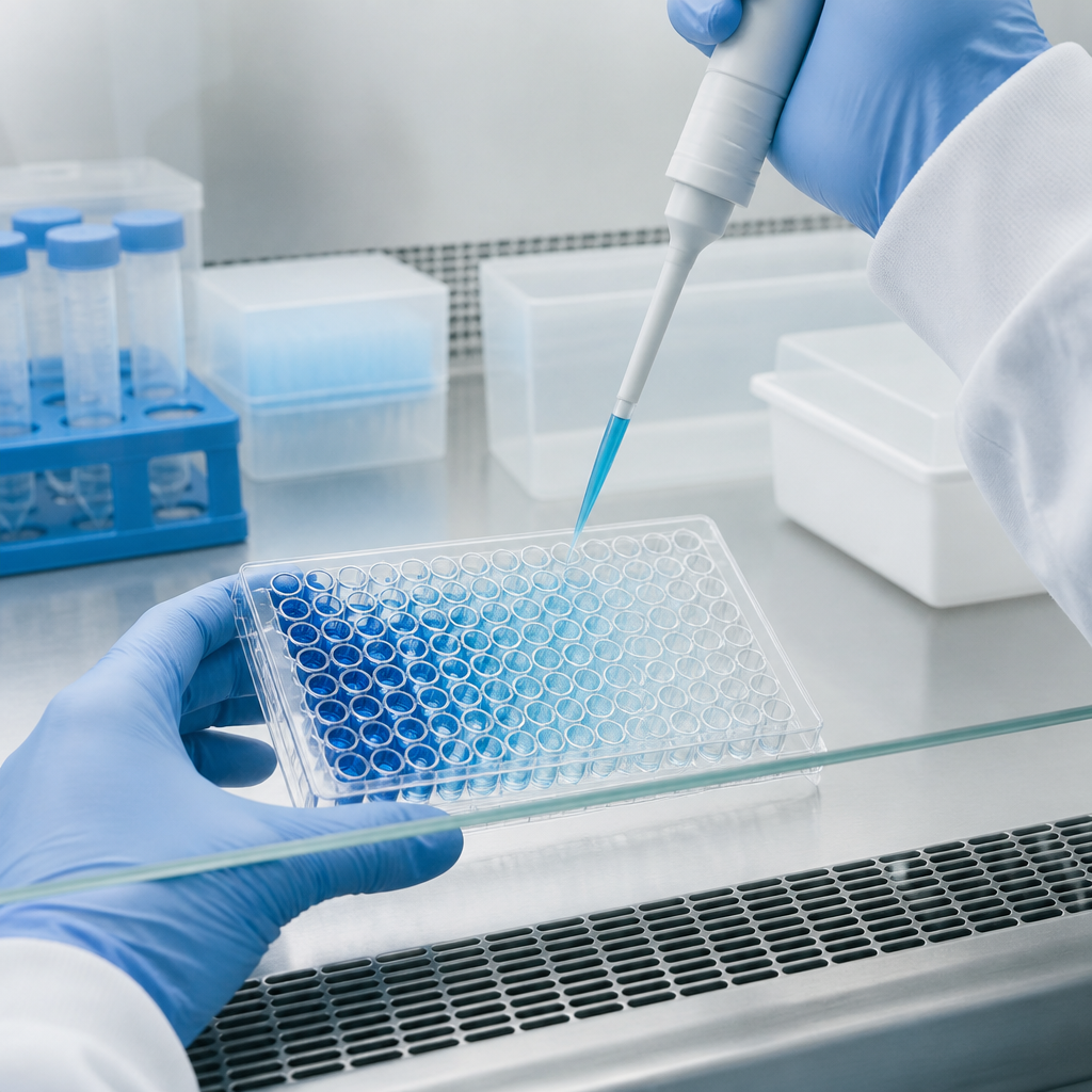 Gloved hands loading a dilution series into microplate wells for a competitive displacement assay.