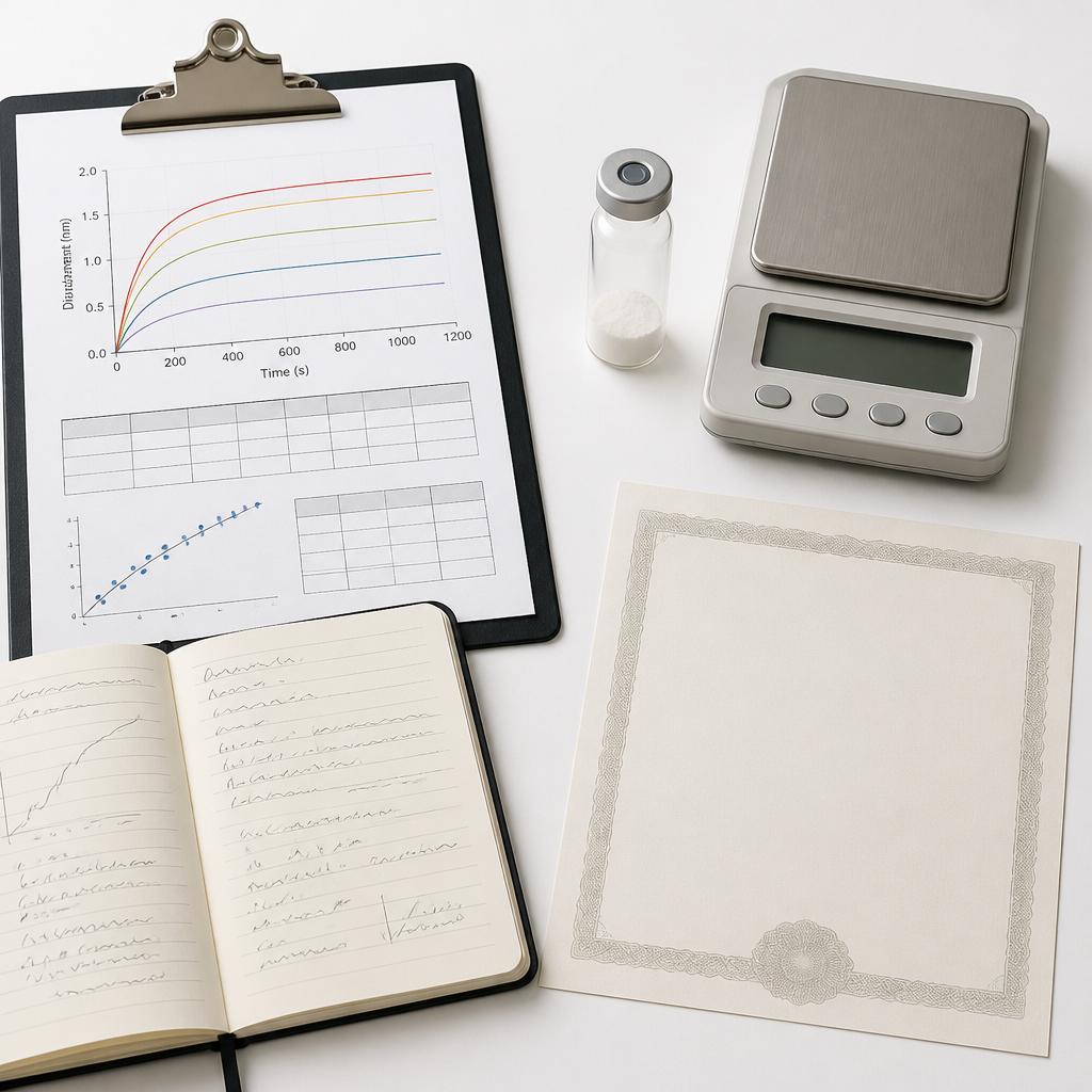 Flat-lay of assay data sheets, displacement curve plots, and an unlabelled peptide vial for quality control records.