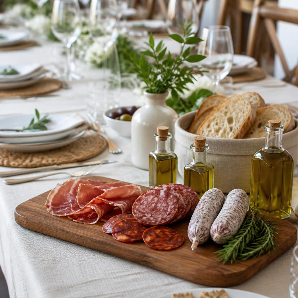 Mesa de banquete con tabla de embutidos ibéricos, aceite de oliva virgen extra y pan rústico.