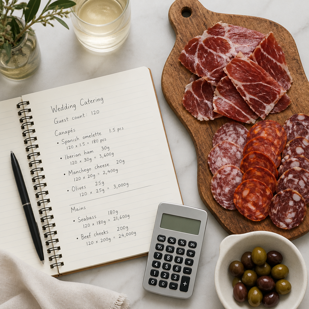 Planificación de catering ibérico para boda con cálculo de raciones, jamón y embutidos sobre mármol.