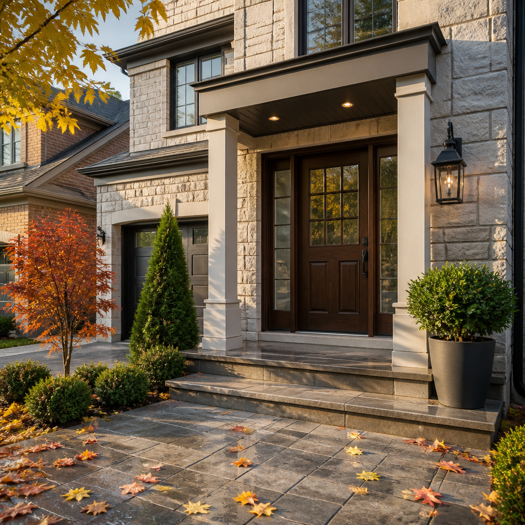 Clean front entrance of a Mississauga home with a freshly cleaned coach light beside a glass-paned door