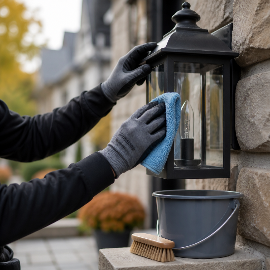 Hands in gloves wiping a coach light lantern with a microfiber cloth during fall exterior cleaning