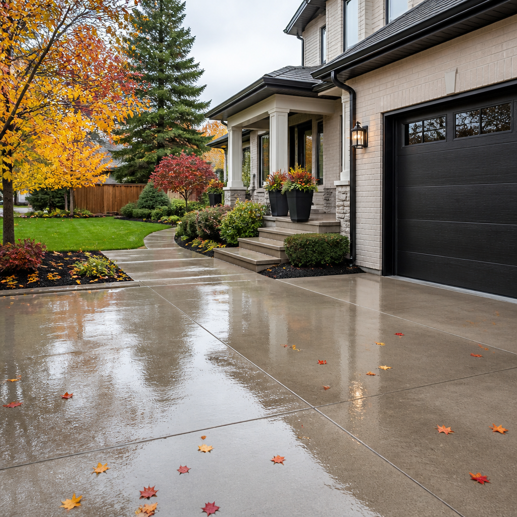 Power-washed driveway and clean eavestroughs on a suburban home in Ontario during October