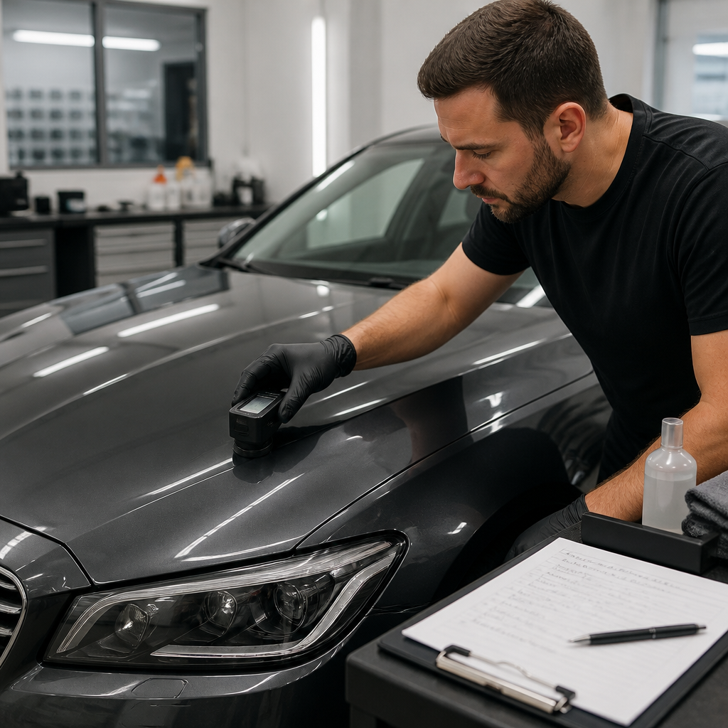 Detailer taking a paint gloss meter reading on a dark luxury sedan hood in a Glendale Heights detailing bay.