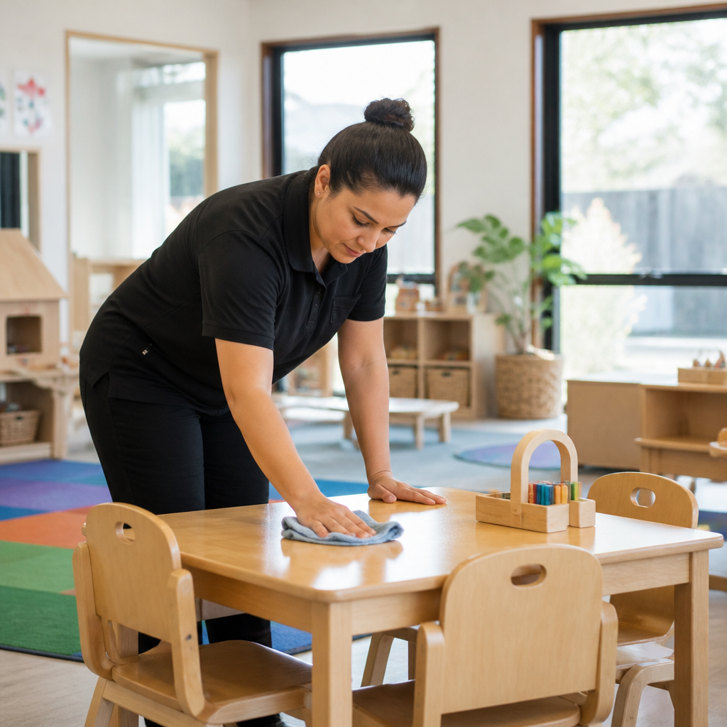 Cleaner wiping a low play table in a bright childcare centre classroom, supporting childcare centre cleaning NZ standards.