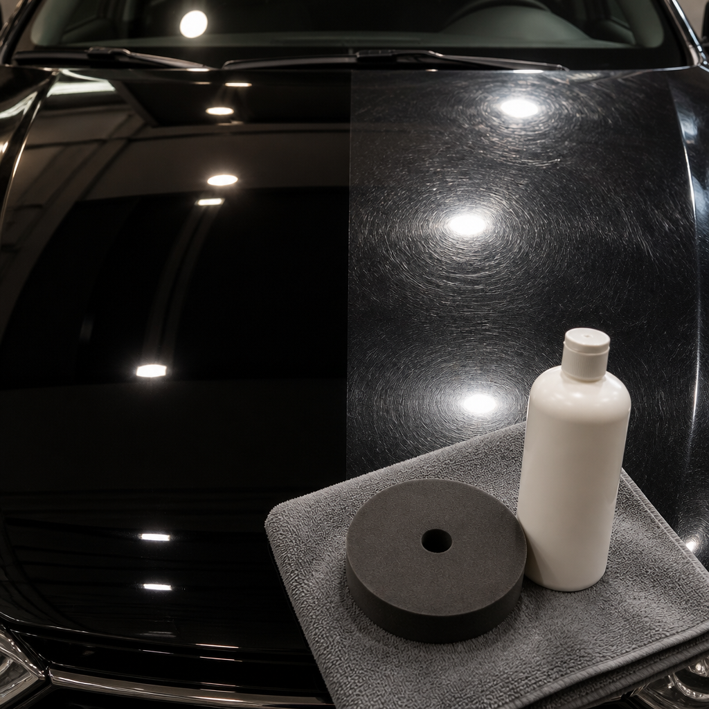 Close-up of a car hood split between hazy paint and a corrected mirror-like finish after machine polishing.