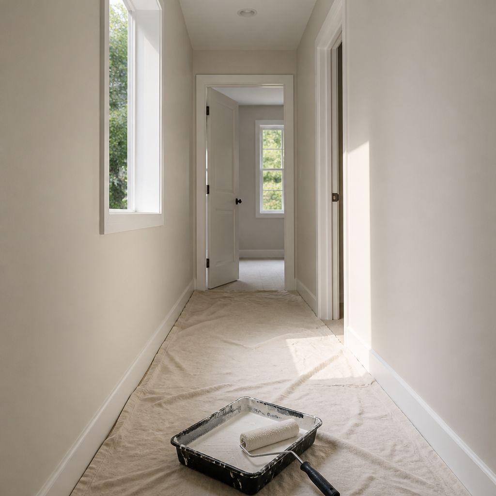 Narrow hallway in a Lower Mainland home with freshly painted light walls, natural light from a side window, hallway painting ideas BC.