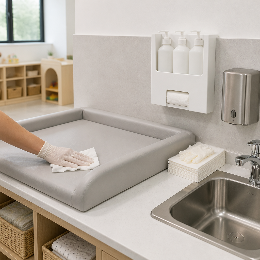 Gloved hand disinfecting a nappy change mat beside a hand-wash basin in an early childhood cleaning routine.
