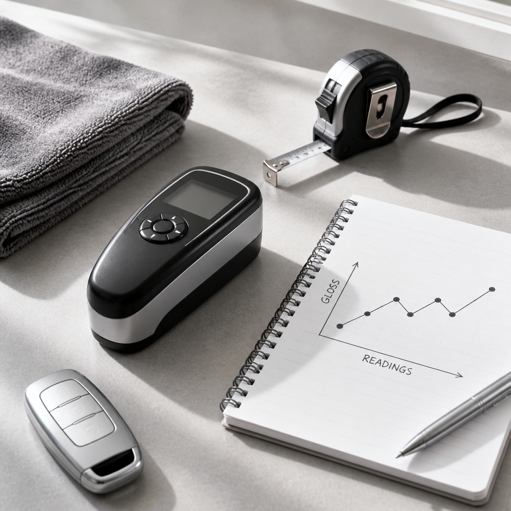 Flat lay of a paint gloss meter, notepad with gloss readings, and microfiber towel on a detailing workbench.