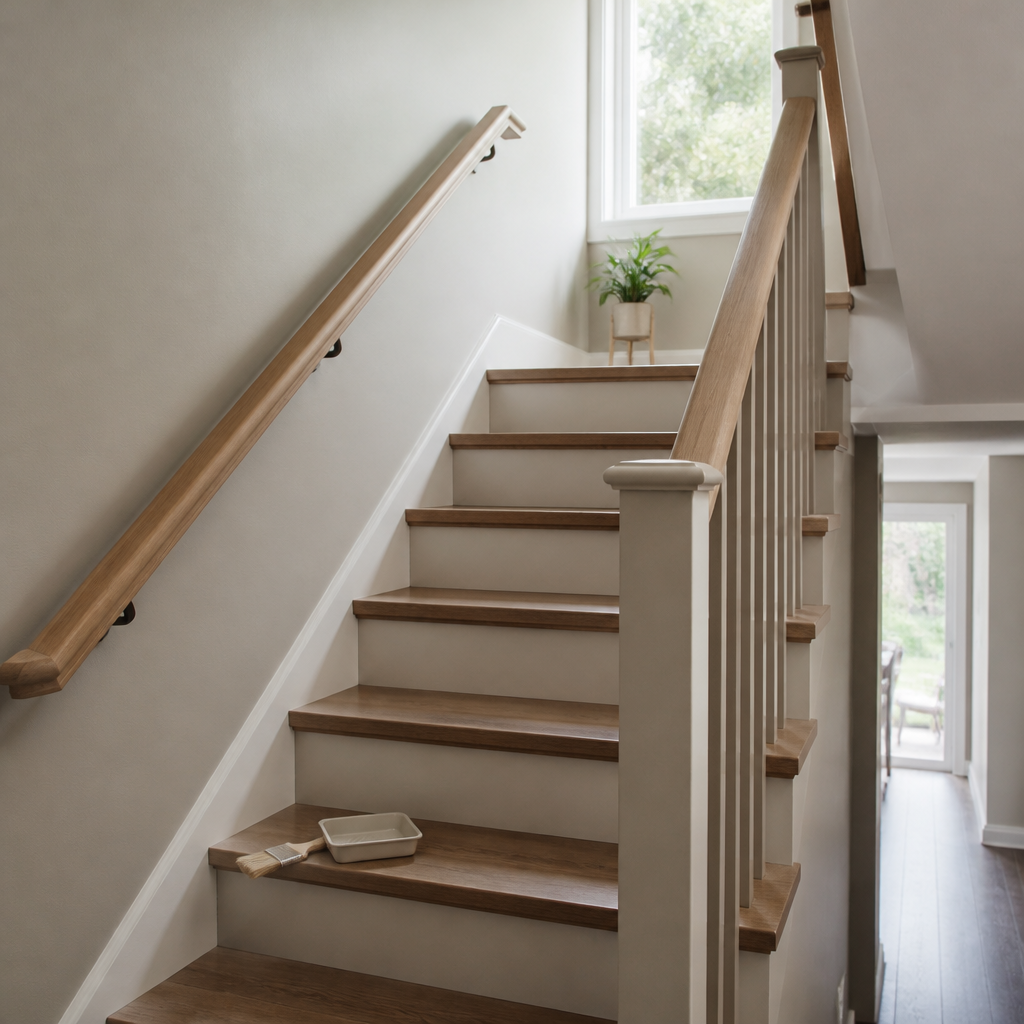 Staircase with a smooth painted handrail and muted greige walls in a Fraser Valley home, showing a durable finish on stairs.