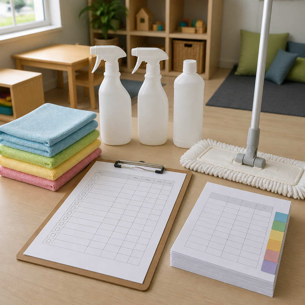 Colour-coded cleaning cloths and a blank daily checklist laid out for ECE cleaning standards in Auckland and Christchurch.