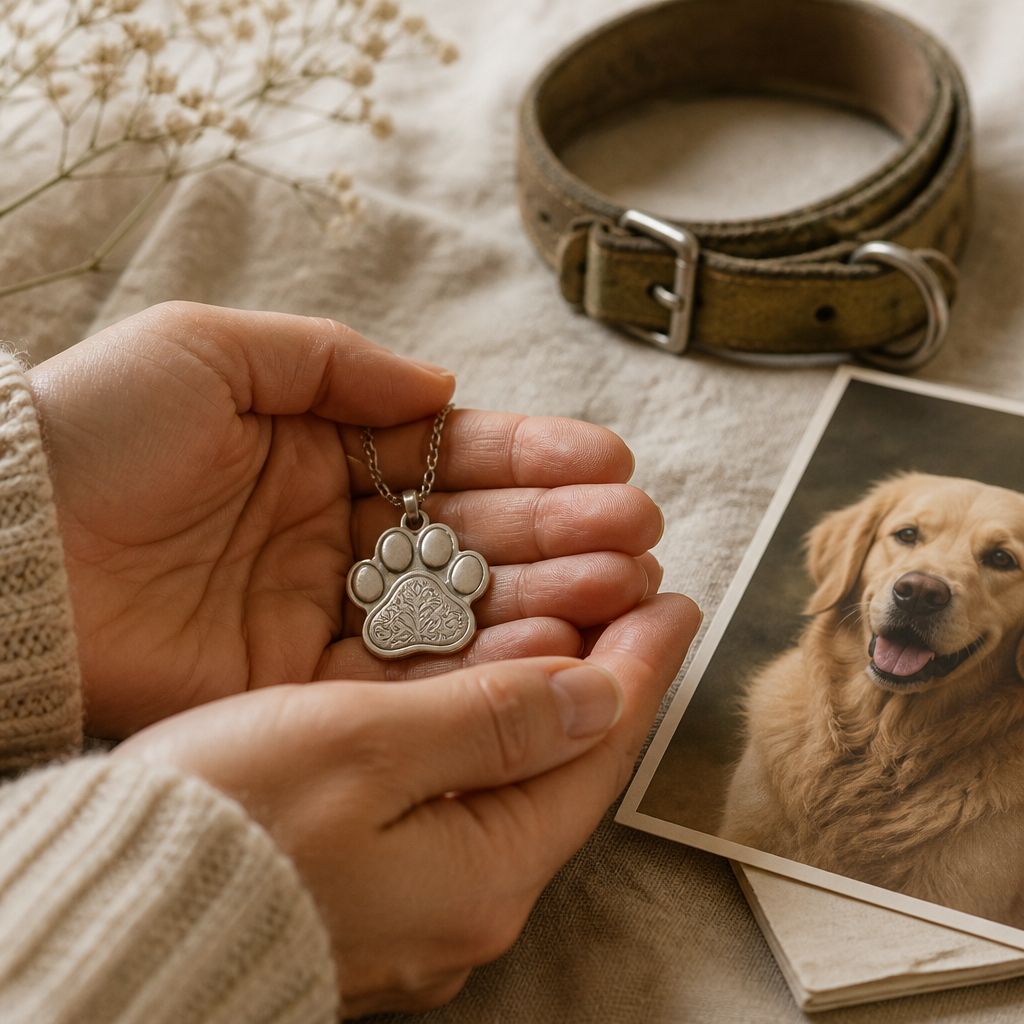 Hands holding an engraved paw-print memorial pendant beside a dog collar, personalized dog remembrance gift ideas