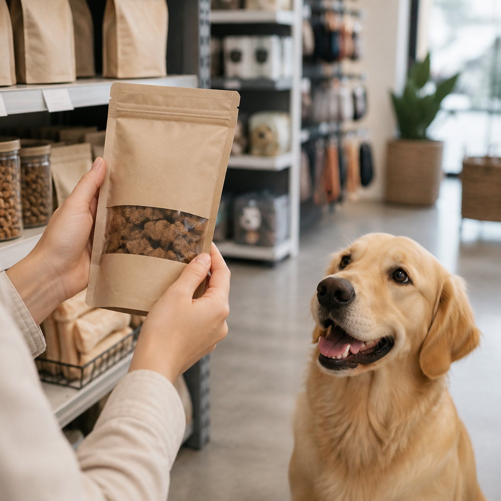 Pet owner comparing a plain unlabelled bag of dog treats in a pet store aisle with an attentive golden retriever nearby