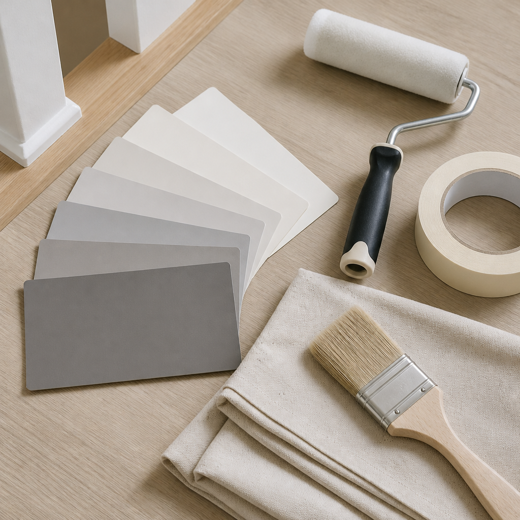 Paint sample swatches, brush, roller and painter's tape arranged on a wooden surface for planning a painting project.
