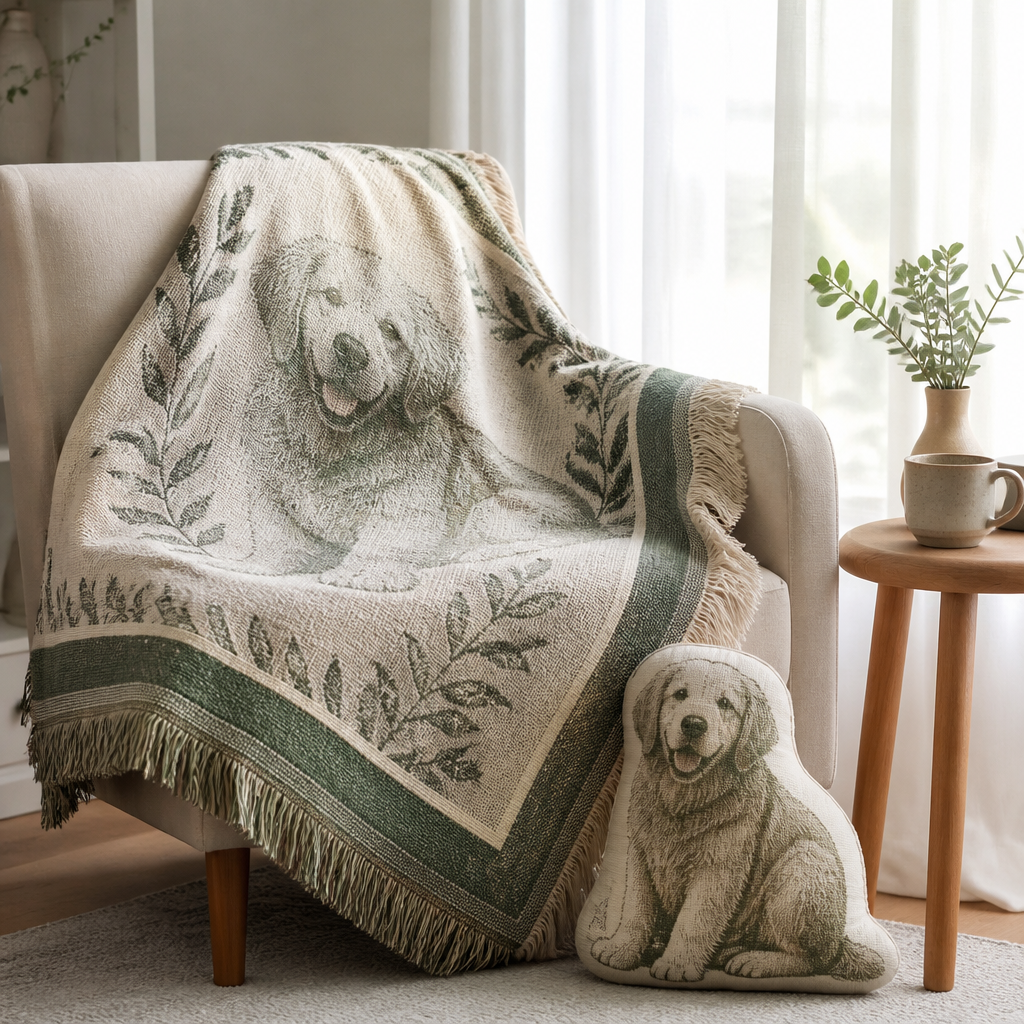 Cream woven blanket and plush pillow on a armchair, a gentle keepsake for a dog memorial