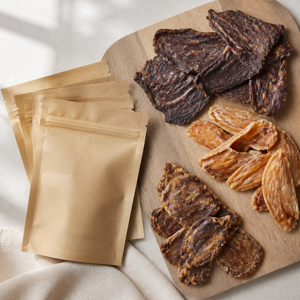Air-dried beef, chicken and turkey dog treat chips arranged on a wooden board beside plain unlabelled pouches