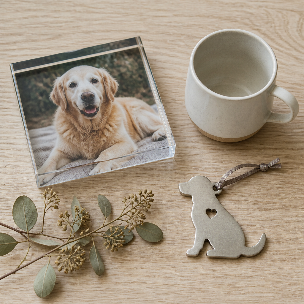 Flat lay of acrylic pet photo block, ceramic mug and dog silhouette ornament on a wooden table