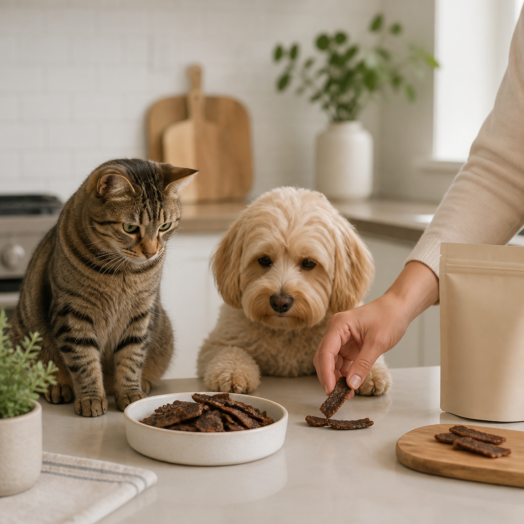 Small dog and tabby cat near a bowl of crunchy air-dried meat treats on a bright kitchen counter