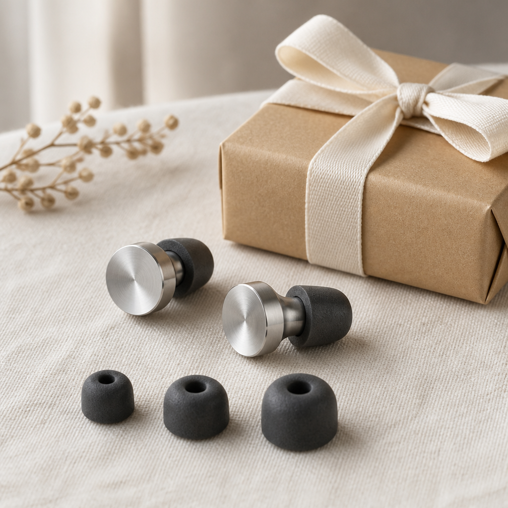 Metal-bodied reusable ear plugs with foam tips beside a plain wrapped gift box, ideal ear plugs gift guide visual