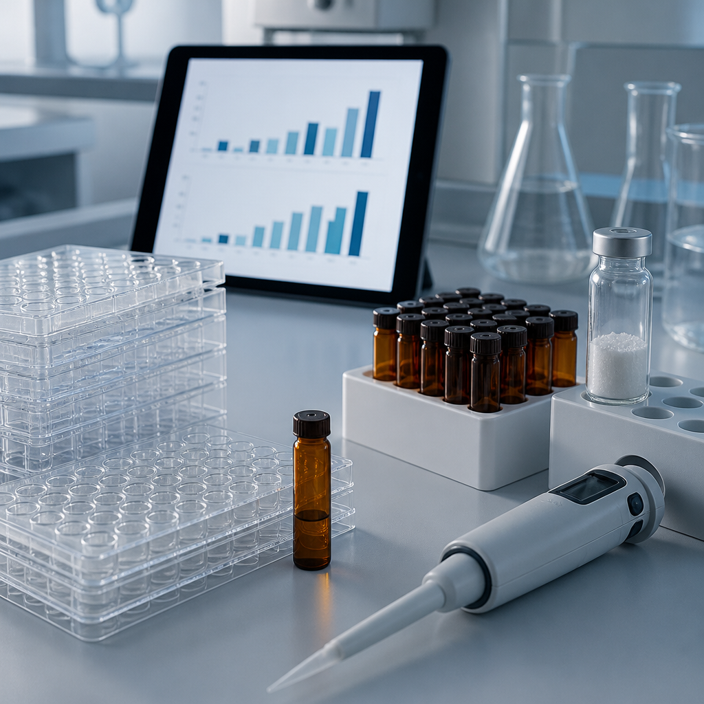 Lab bench with assay plates, pipette and lyophilized peptide vials beside fat oxidation data charts