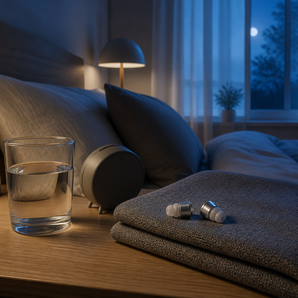 Reusable ear plugs with foam tips resting on a bedside table in a dim bedroom, suited for light sleepers