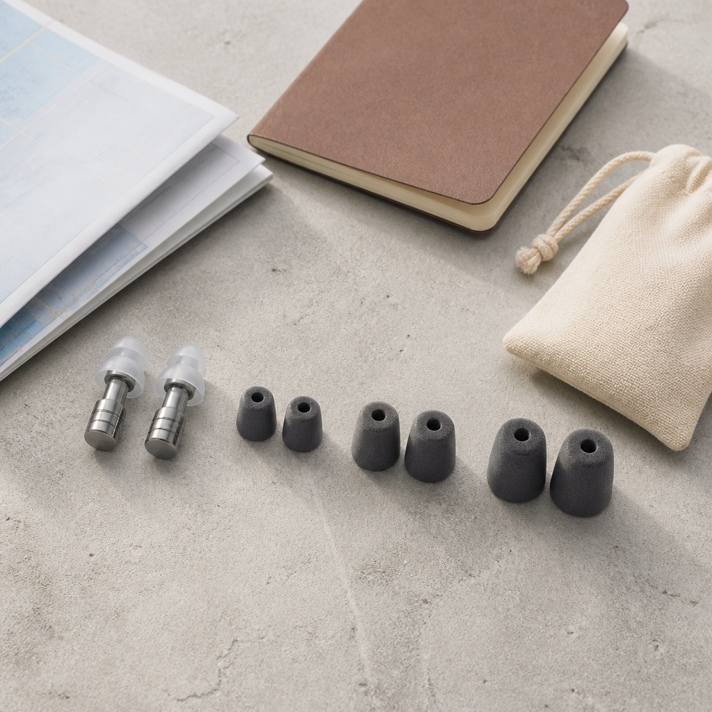 Flat-lay of reusable ear plugs in three foam tip sizes beside a travel notebook and carry pouch