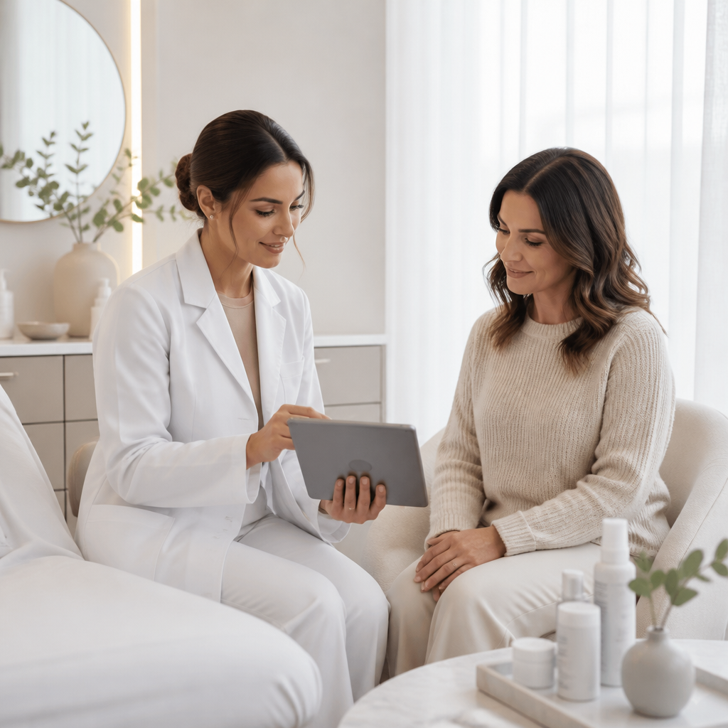 Clinician reviewing a skin laxity treatment plan with a client in a bright Aurora medspa consultation room