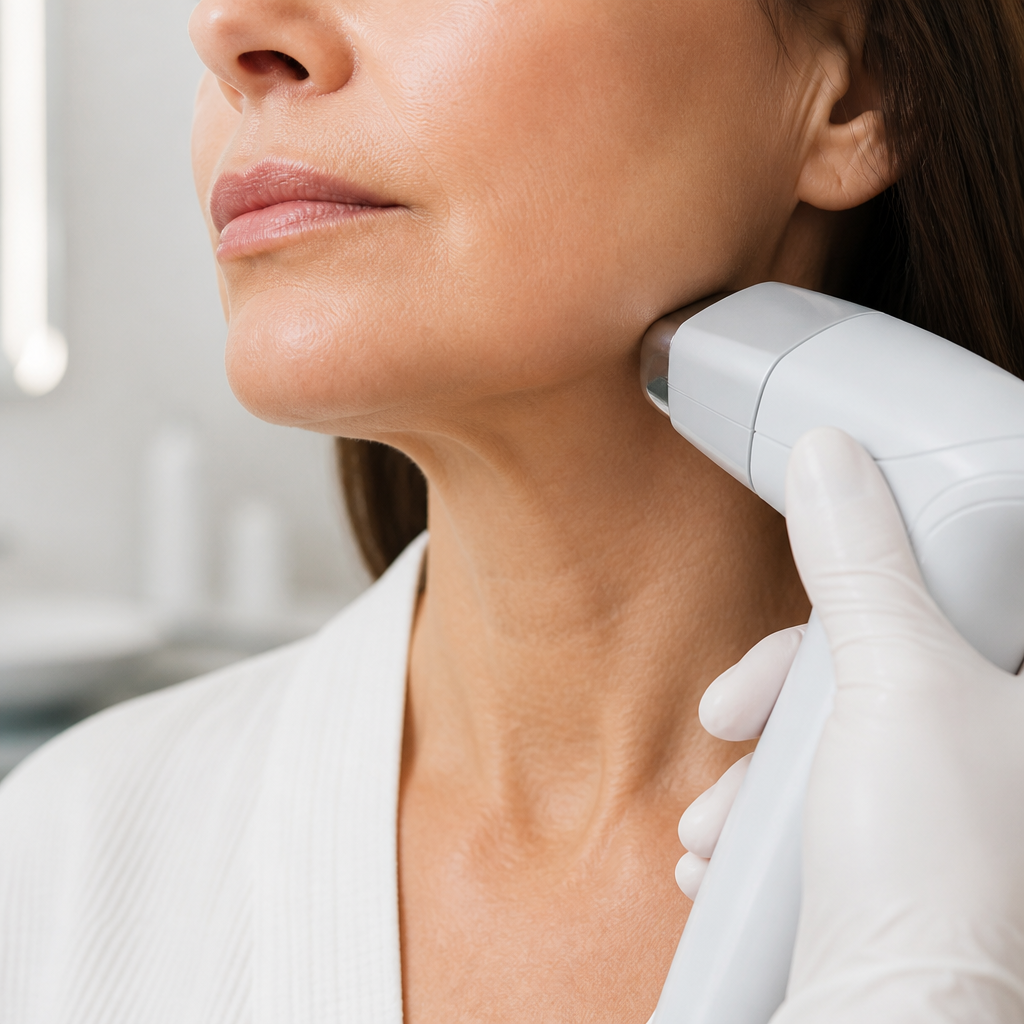 Close-up of a jawline and neck during a non-surgical skin tightening session at a medspa