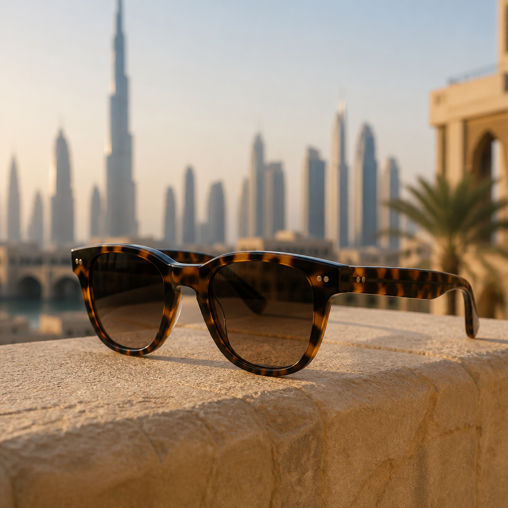 Tortoiseshell designer sunglasses on a sunlit ledge with a Dubai skyline behind, showing Michael Kors sunglasses UAE style.