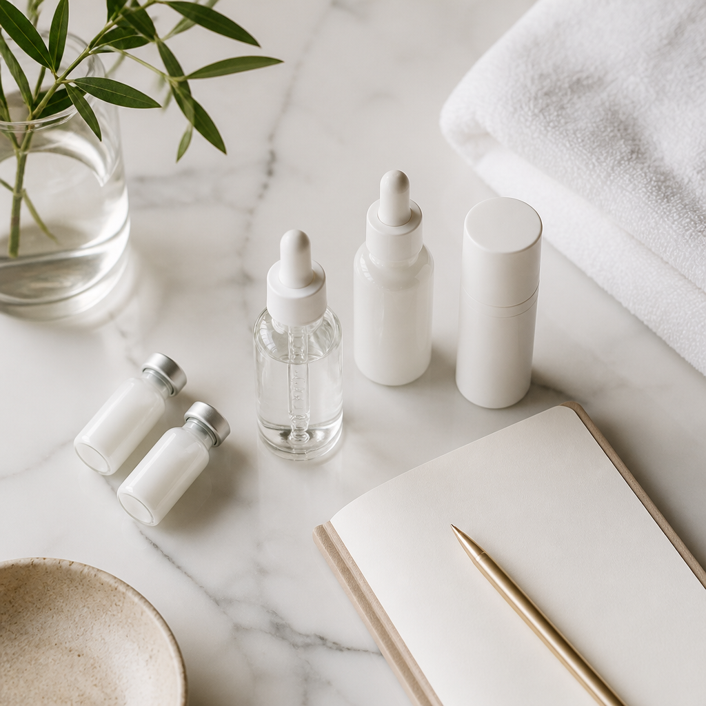 Flat-lay of skincare vials, a notebook and a pen arranged for planning a medspa visit