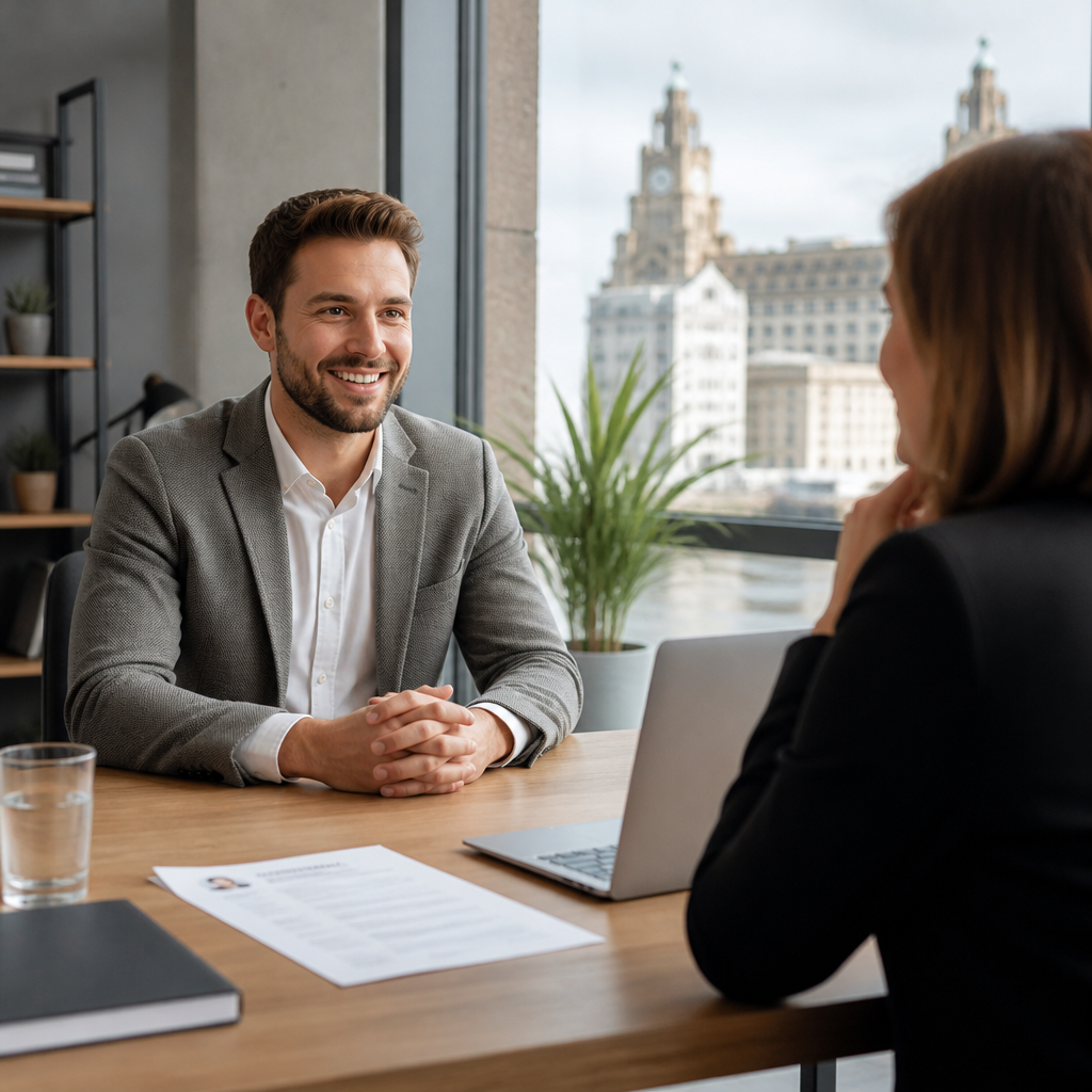 Job candidate in smart clothing meeting a recruiter across a desk, illustrating tattoo removal career concerns in interviews