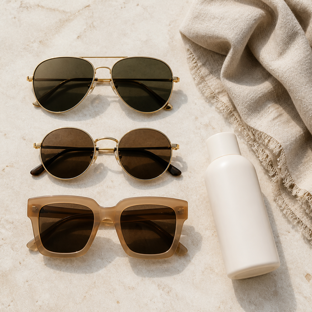 Flat-lay of aviator, round and square sunglass frames beside a linen scarf, illustrating frame shapes for Gulf sun.