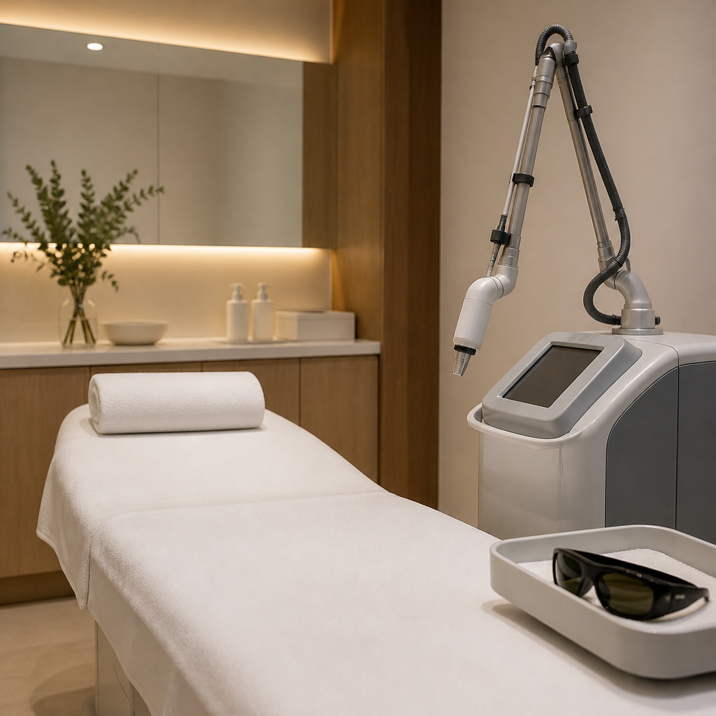 Modern laser treatment room with clinical bed and handpiece device used for professional tattoo removal