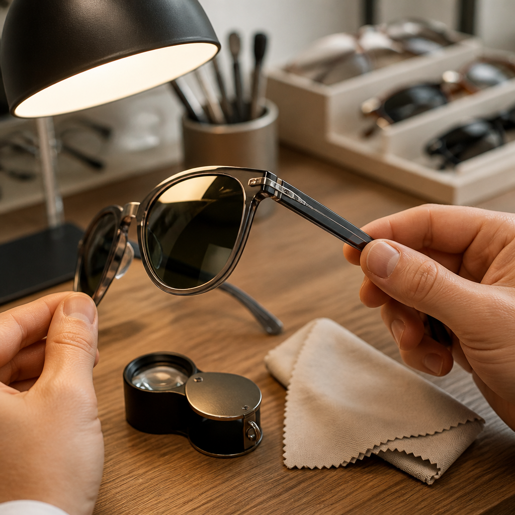 Close-up of sunglass hinges and lenses under a desk lamp with a magnifier and microfibre cloth on a wooden table.