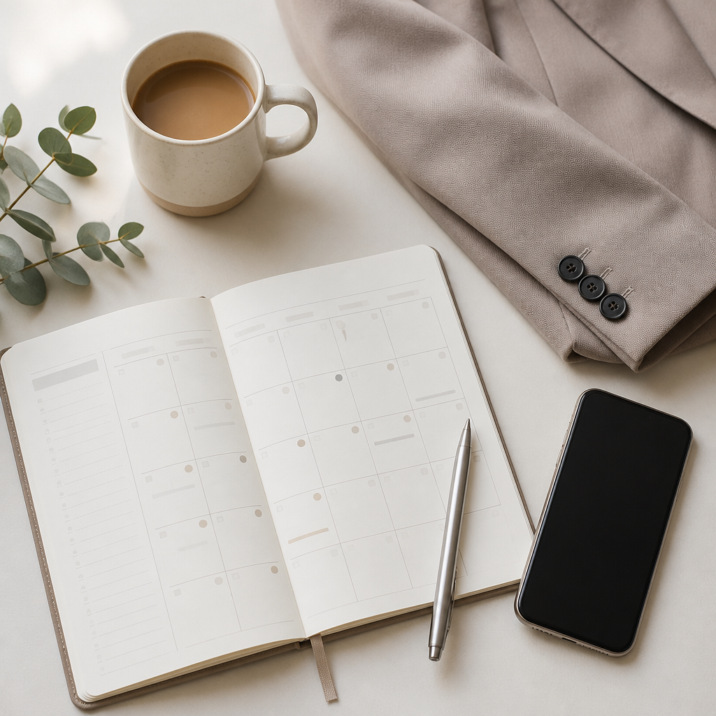 Flat-lay of planner, phone and blazer for planning a job search timeline around tattoo removal sessions