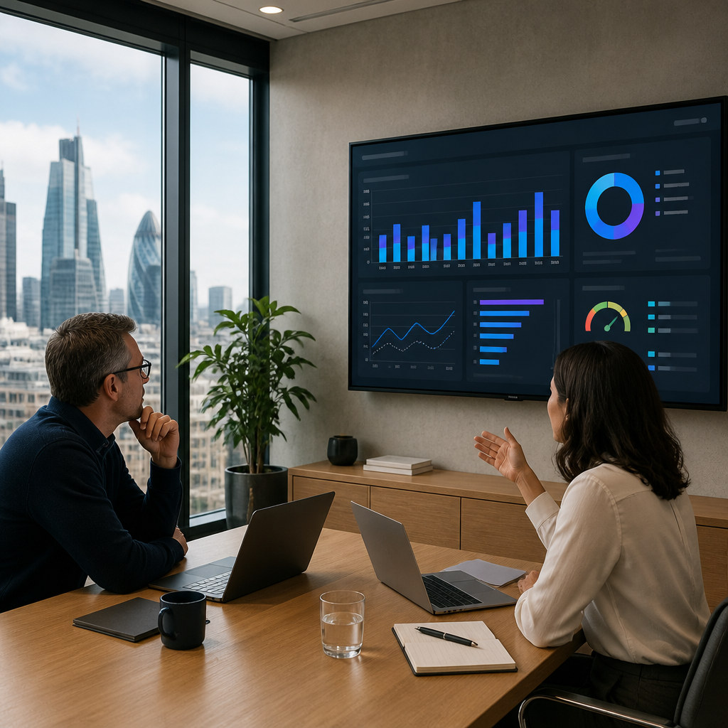 London SME team reviewing an Azure cost management dashboard with spending charts on a wall screen