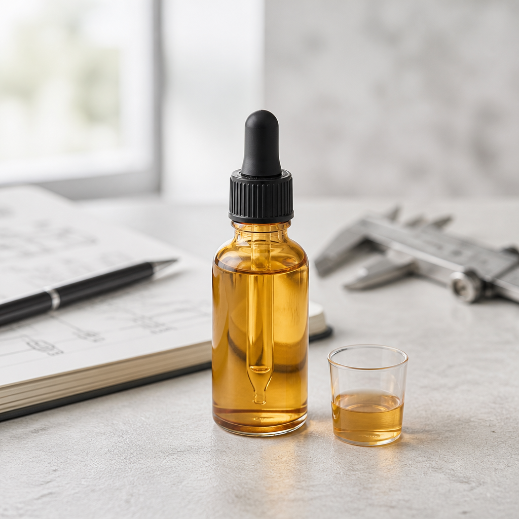 Plain unlabelled dropper bottle of liquid joint supplement beside a measuring cup on a light stone surface.