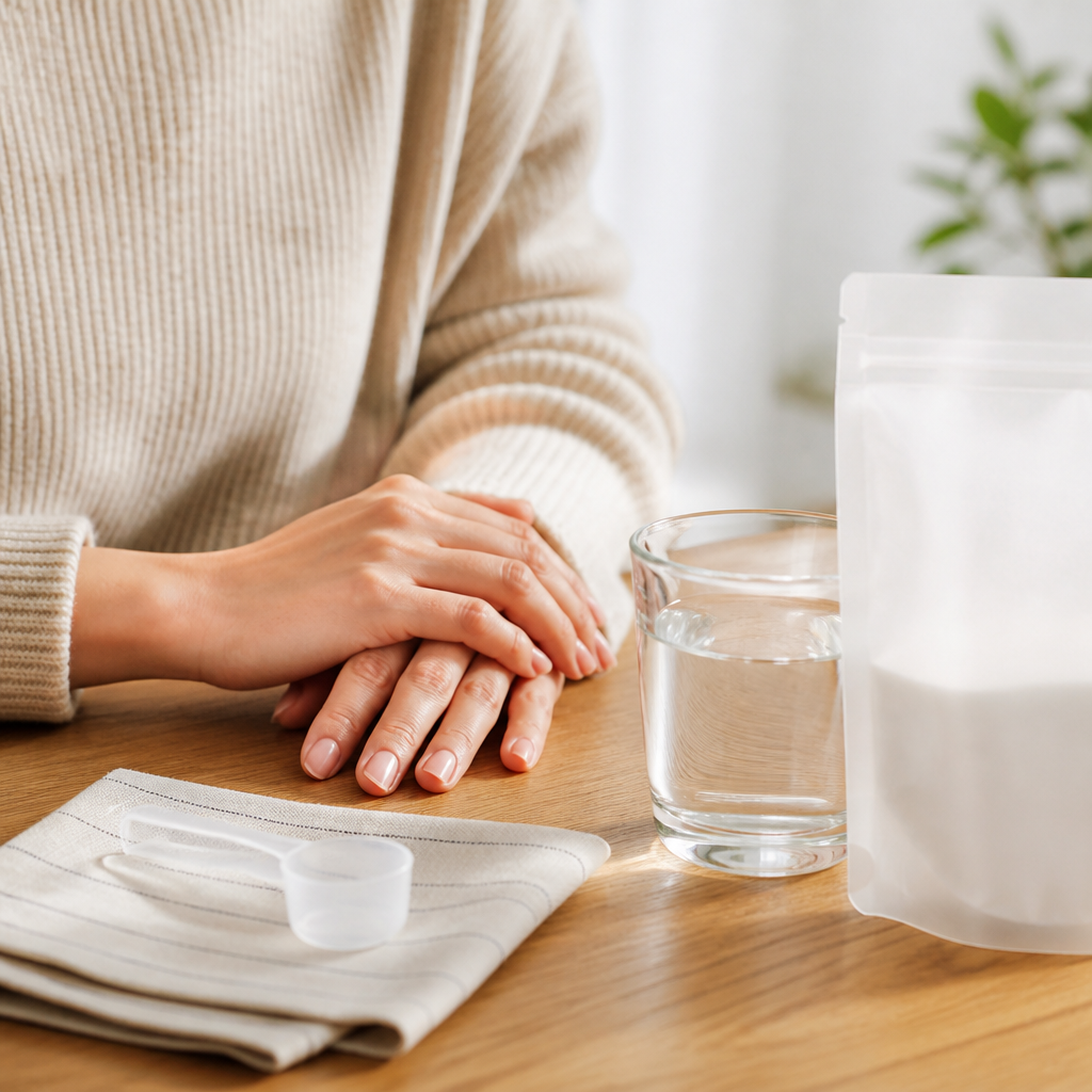 Hands resting beside a glass of water and a measuring spoon during a calm morning routine.